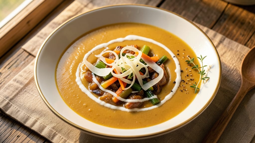Asiago Bisque Soup Recipe: Celery Crown Crunch Over Velvety Cheese Swirls