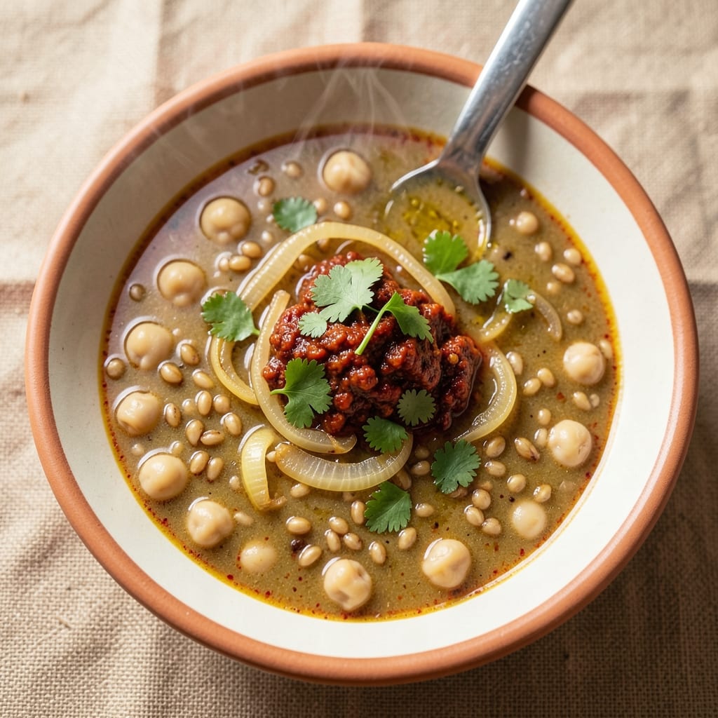 Algerian Shorba Soup Recipe: Harissa-Kissed Chickpeas and Barley in Spiced Broth