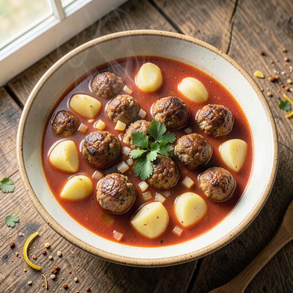 Albondigas Soup Recipe with Potatoes: Spanish-Style Meatballs in Tomato-Basil Broth