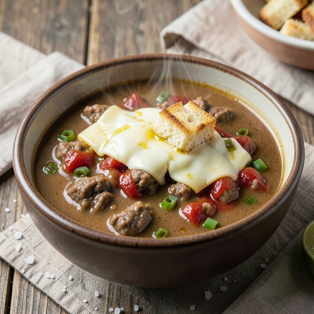 All-American Cheeseburger Soup Recipe: Smoky Beef and Cheese Fondue Fusion