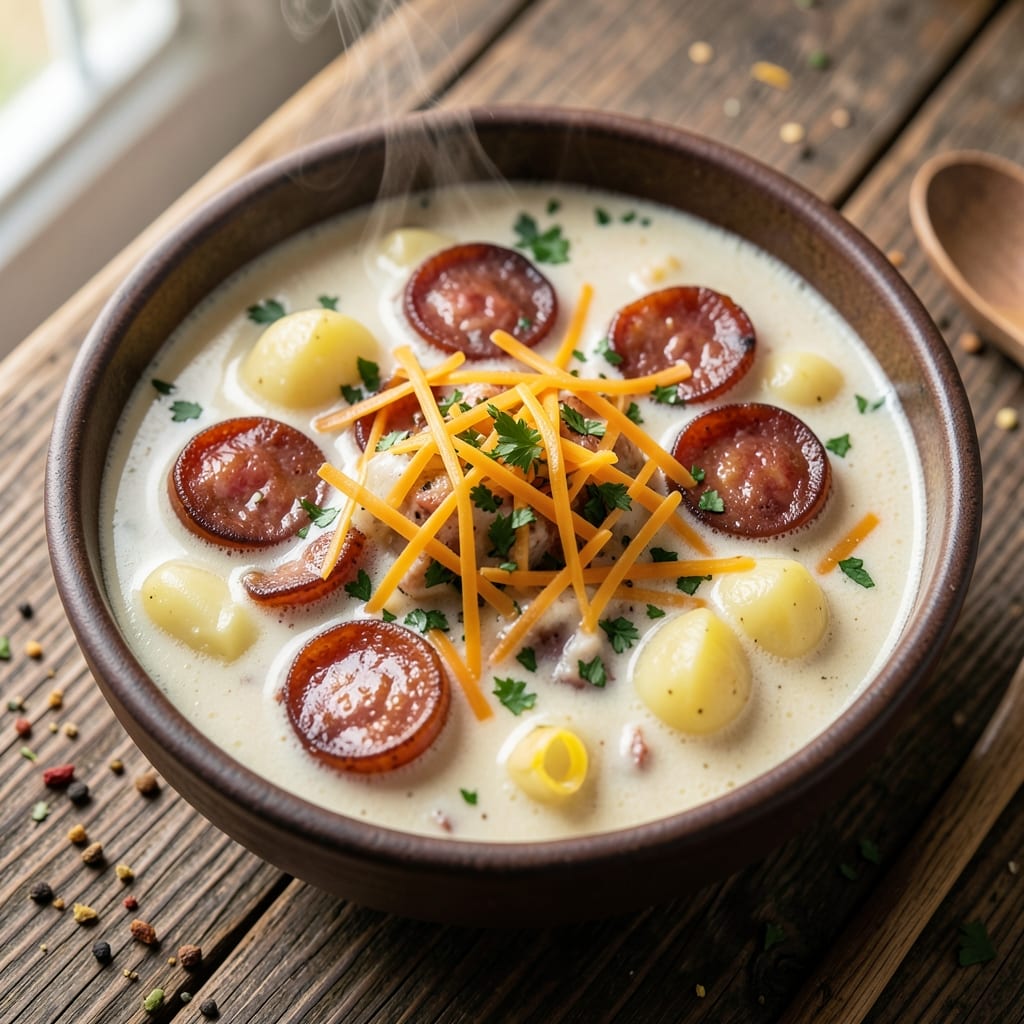 All-You-Can-Eat Soup Recipe: Hearty Potato and Sausage Loaded With Crispy Toppings