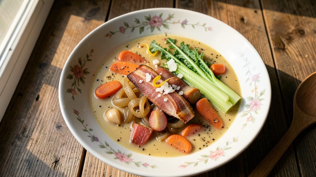 Authentic Italian Wedding Soup Recipe With Escarole: Crispy Celery Crowns Over Silky Potato Swirls