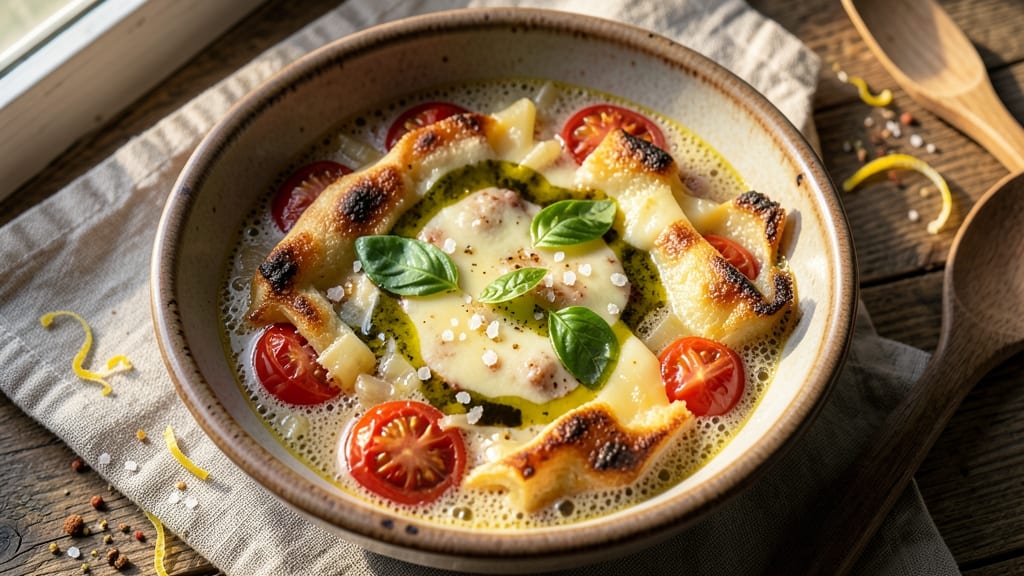 Baker's Tomato and Cheese Soup Recipe: Puffed Crust Topping With Golden Bubble Magic