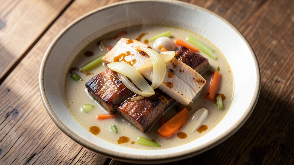 Benji's Basque Soup Recipe: Crispy Celery Crowns Over Silky Potato Swirls